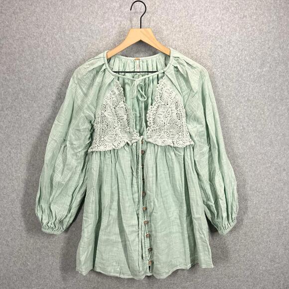 Free People Dresses & Skirts - Free People Summer Struttin' Crochet Puff Sleeve Mini Summer Light Green Size XS